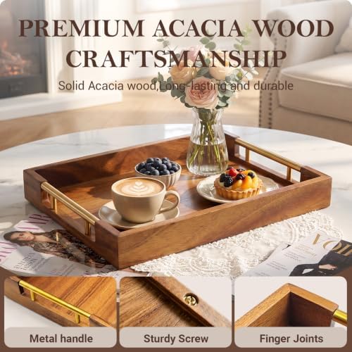 Acacia Wood Serving Tray with Metal Handles,14.2" x 9.8" Decorative