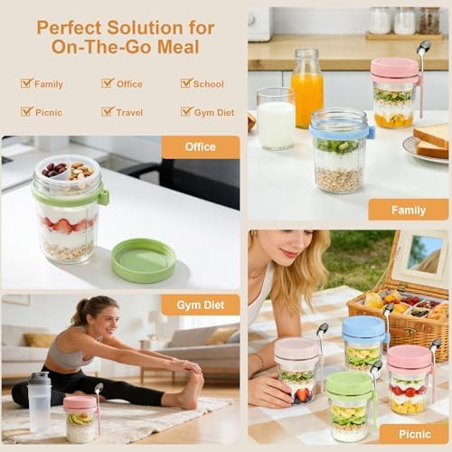 Overnight Oats Containers, 6 Pack 16 oz Glass Mason Jars