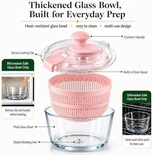 Glass Salad Spinner 3.2 Qt, Small Salad Spinner, Glass Bowl, Pink