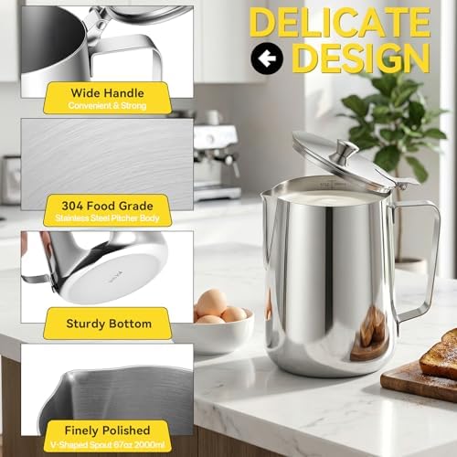 Stainless Steel Pitcher with Lid, 70 oz Metal Measuring Cup with