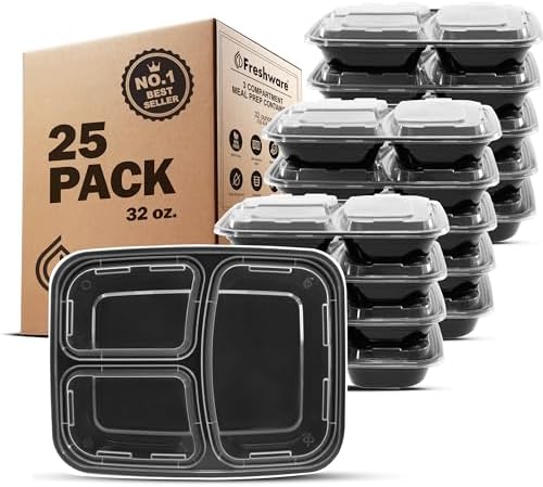 Freshware Meal Prep Containers [25 Pack] 3 Compartment with Lids, Food