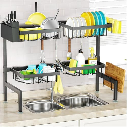 SNSLXH 4-Basket 2-Tier Over-Sink Dish Drying Rack, 26.57"-35"
