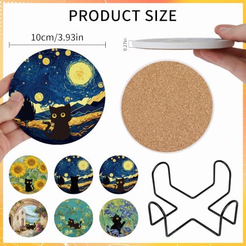 Colorful Black Cat Coasters Set of 6 with Holder