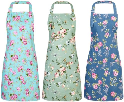 Auidy_6TXD 3 Pack Floral Aprons for Women, Kitchen Aprons with 2