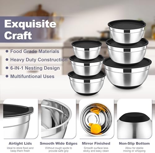 TeamFar Mixing Bowls, Stainless Steel Salad Bowl with Lid & Graters