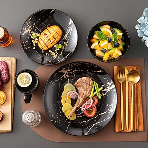 LOVECASA Black Plates and Bowls Sets for 4, Porcelain Dinnerware Sets