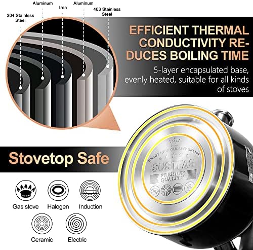 SUSTEAS 3.17QT Black Stainless Steel Whistling Tea Kettle