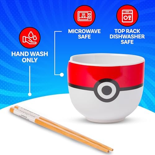 Silver Buffalo Pokemon Pokeball, Ramen Bowl with Chopsticks, 20oz