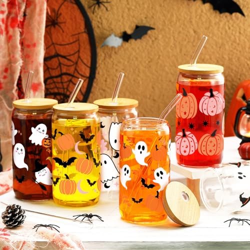 SiliFine 6 Pcs Halloween Glass Cups, 16 oz with Lids and Straws