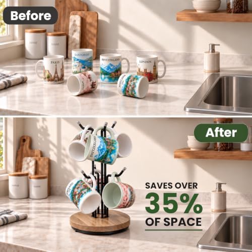 360° Rotating Mug Holder, 6-Hook Coffee Mug Tree w/Wood Base for Large