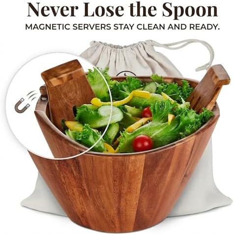 Night Tree Large wooden salad bowl with serving forks mixing, wood