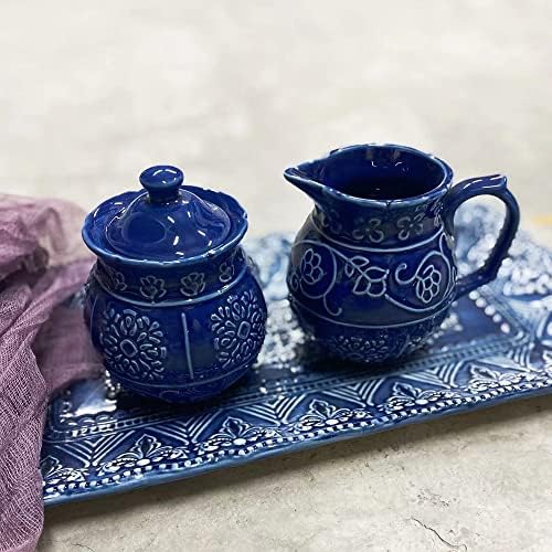 CHOOLD Blue Embossed Ceramic Sugar and Creamer Set with Lid Spoon