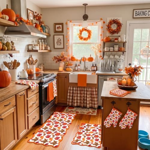 10 Pcs Fall Kitchen Decor Set Maple Leaf Towels Mats Pot Holders Oven