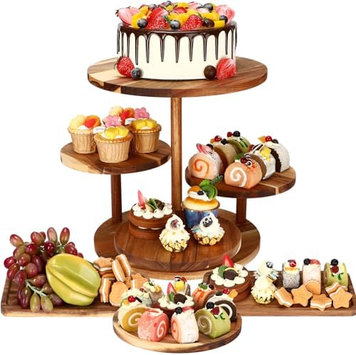 Hushee 4 Pcs Wood Round Cupcake Tower Stand with Serving Platters