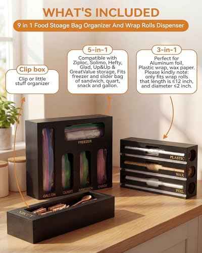 9 IN 1 Bamboo Foil and Plastic Wrap Organizer for Kitchen Drawer, Plastic Bag Organizer Organization and Storage, Food Storage Bag Organizer (BLACK)