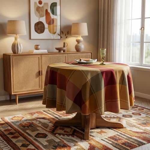60" Round Polyester Plaid Tablecloth for Thanksgiving