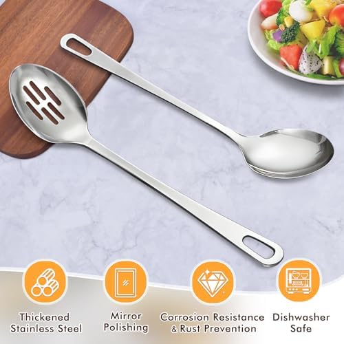 2 Pcs Stainless Steel Cooking Spoons Set, Solid & Slotted Metal