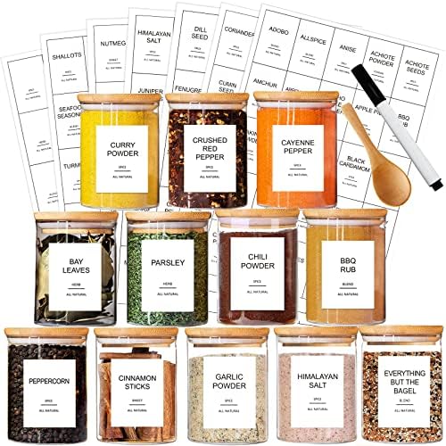 GPOVVIMX 12 Pcs Glass Spice Jars with Bamboo Airtight Lids and 191