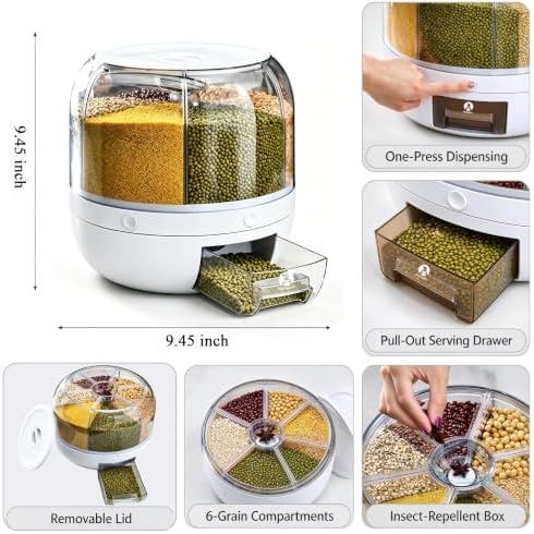 Rotating Grain Storage Bin 6 Grids Rice Container One-Click Output