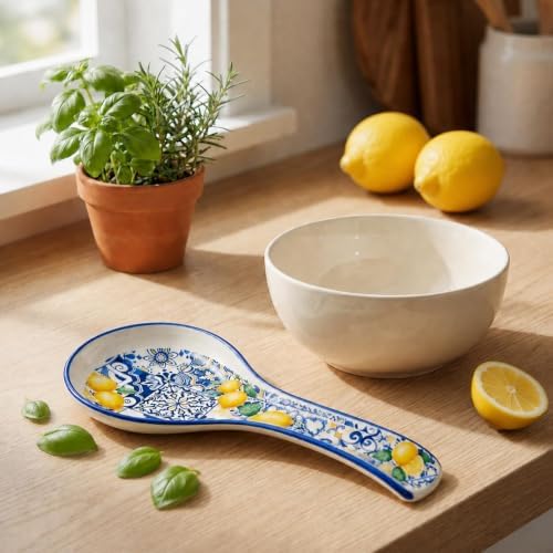 FYSUIMU 8.9 Inch Blue Tile Lemon Spoon Rest, Summer Kitchen Decor