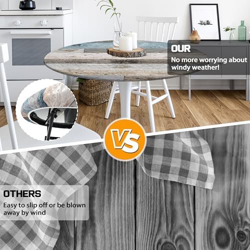 Farmhouse Round Fitted Tablecloth with Elastic Edge Wood Texture