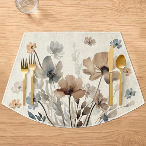 Artoid Mode Brown Poppy Floral Round Table Wedge Placemats Set of 4