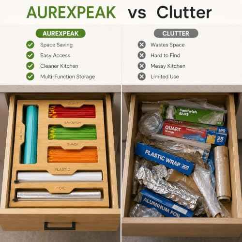 Bamboo 6-in-1 Foil and Plastic Wrap Organizer for Kitchen Drawers