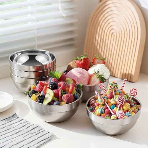 6 Set Stainless Steel Bowls for Kitchen,12oz Stainless Steel Bowl with Lids,Double Walled Insulated Soup Bowl, Metal Serving Eating Bowls for Snack,Cereal, Rice,Hot and Cold Food
