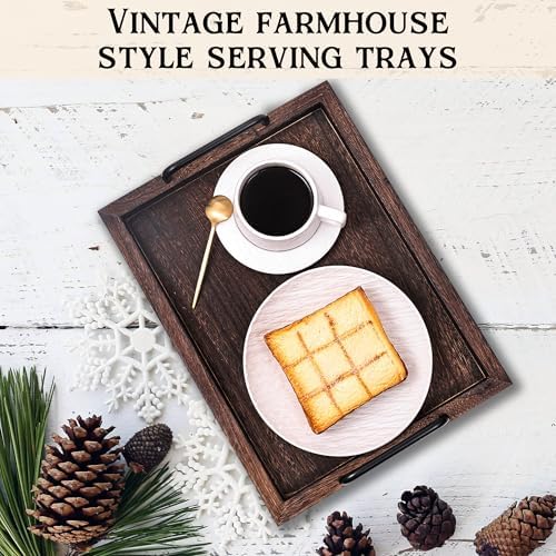 Lightweight Wood Serving Trays with Metal Handles, Set of 2 Nesting