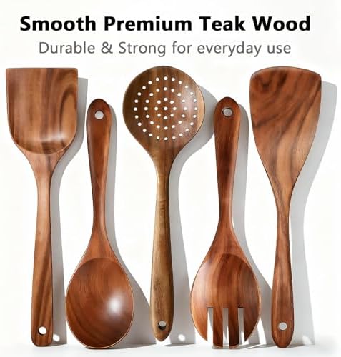 Wooden Kitchen Utensils Set 5-Piece Natural Teak Wooden Spoons for
