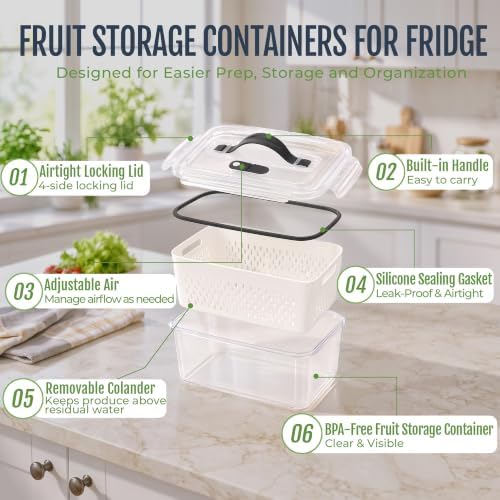 Fruit Storage Containers for Fridge: 3 PCS with Removable Colander