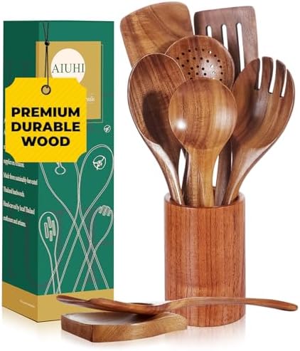 AIUHI Teak Wood Cooking Utensils Set, 9 Pieces Non-Toxic Wooden