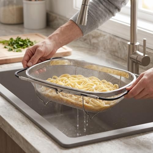 Stainless Steel Strainer,Over the Sink Colander, Expandable Handles
