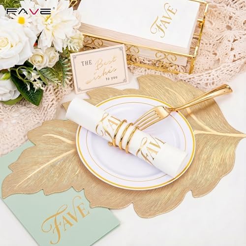 FAVE Gold Vinyl Placemats Set of 6, Washable Leaf Patterned Table Mats