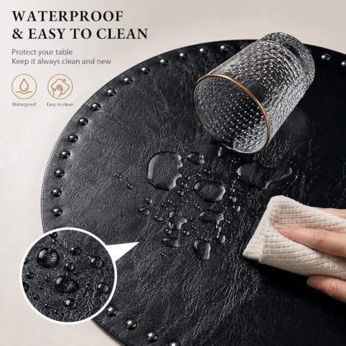 FAVE Black Faux Leather Placemats 13.78 Inches Round Placemat Set of 2