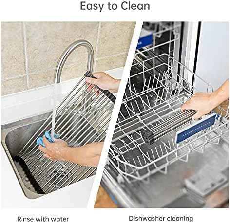 Large Telescopic Drain Rack Roll Up Rack Heat-Resistant Dish Drainer Kitchen Sink Rack Over the Sink Dish Drying Rack Stainless Steel Dish Rack (18 Tube 21.25''x12.79'')