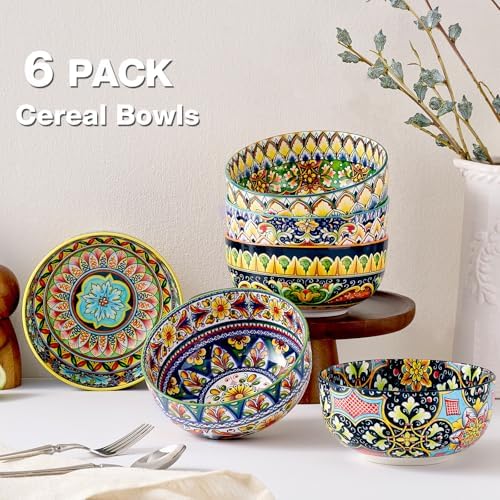 Meolibour Ceramic Cereal Bowls Set of 6, 28 oz Bohemian Soup Bowl