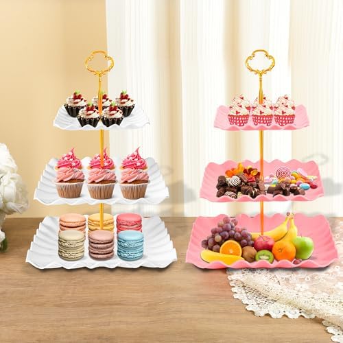 10 Pack Dessert Table Display Set, 4 Three-Tier Square Cupcake Stands