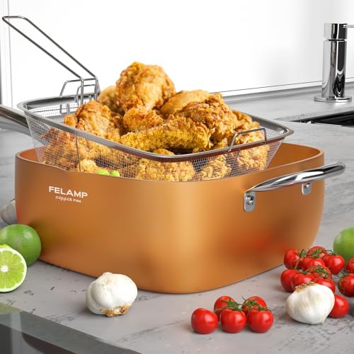 FELAMP 11-Inch Ceramic Nonstick Deep Square Frying Pan Set with Glass