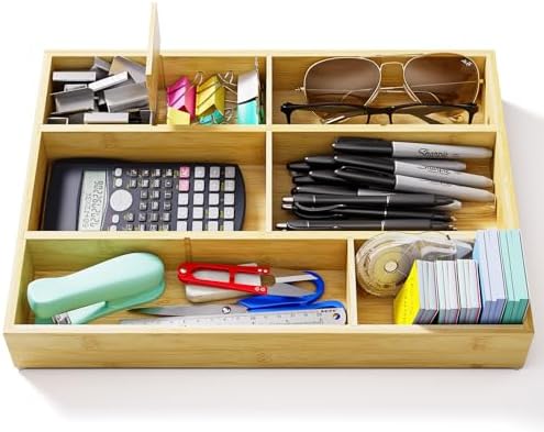Bamboo Drawer Organizer with 9 Adjustable Compartments, Desk Storage