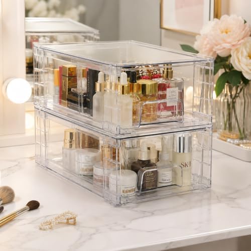 2 Pack Stackable Storage Drawers,Plastic Organizers Bins, Drawers