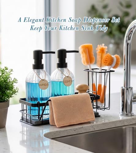Kitchen Soap Dispenser Set with Sponge Holder, 15 fl oz, Clear Glass