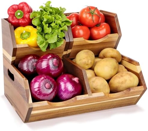 Acacia Wood Pantry Storage Bins, Stackable 3-piece set
