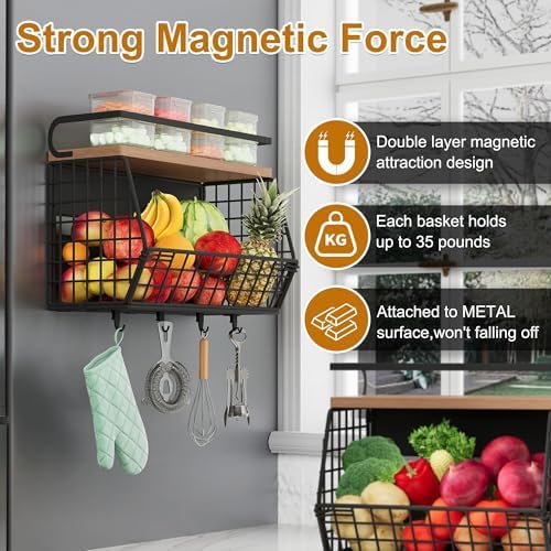 Magnetic Shelf for Refrigerator, Black, Large Produce Bin