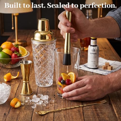 Certbuy Pineapple Glass Cocktail Shaker Set 14 oz Bartending Kit Gold