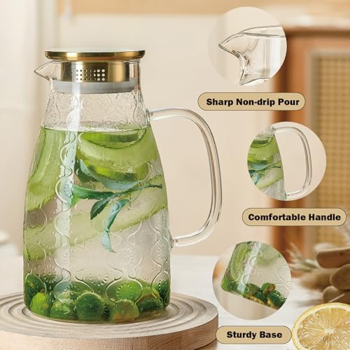 Buaic Glass Pitcher with Lid,2 PACK 68 oz/2 Liter Vintage Water