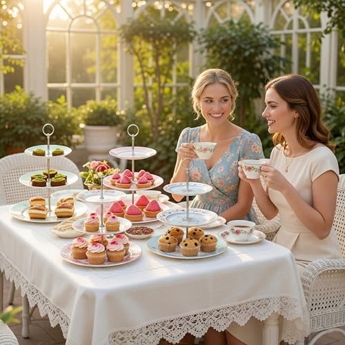 Dandat 4 Pcs 3 Tier Tea Party Cake Stand Floral Ceramic Cupcake
