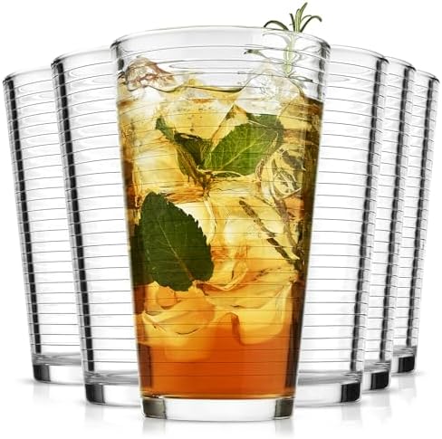 ALINK 16 oz Drinking Glasses, Set of 6 Highball Glasses, Ribbed