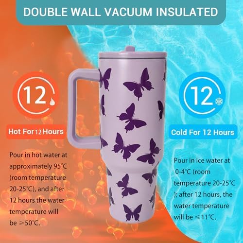 40OZ Butterfly Insulated Tumbler with Handle,Purple Tumbler with Lid