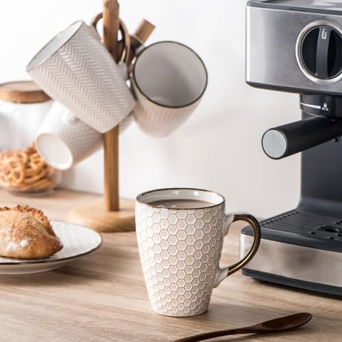 Ceramic Coffee Mug Set - 16 Oz Large Coffee Mugs - Embossed Stoneware